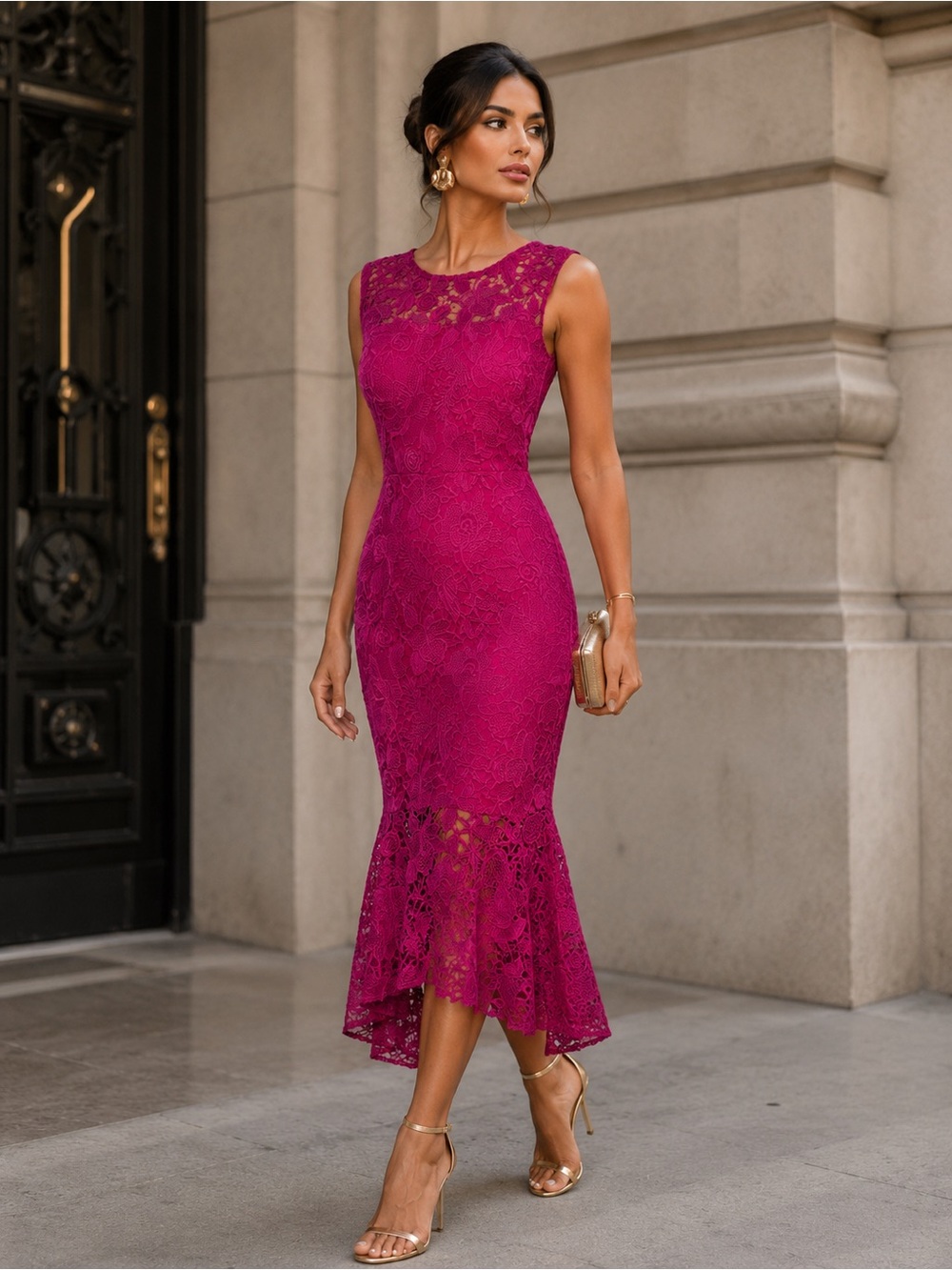 Sz 4  Kensie Sleeveless Fuchsia Lace Mermaid Midi Dress NWT $148 MSRP
